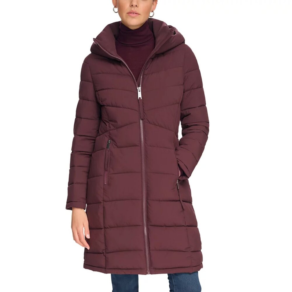 Calvin Klein Women's Hooded Long Puffer Coat, size Small, Dark Chianti wine